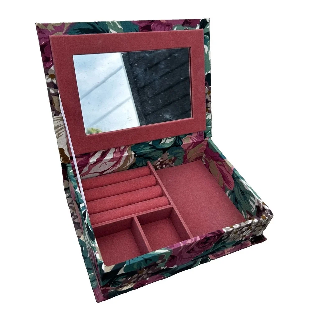 Vintage 90s Fabric Floral Jewelry Trinket Box Case Mirror Cottagecore Grannycore
